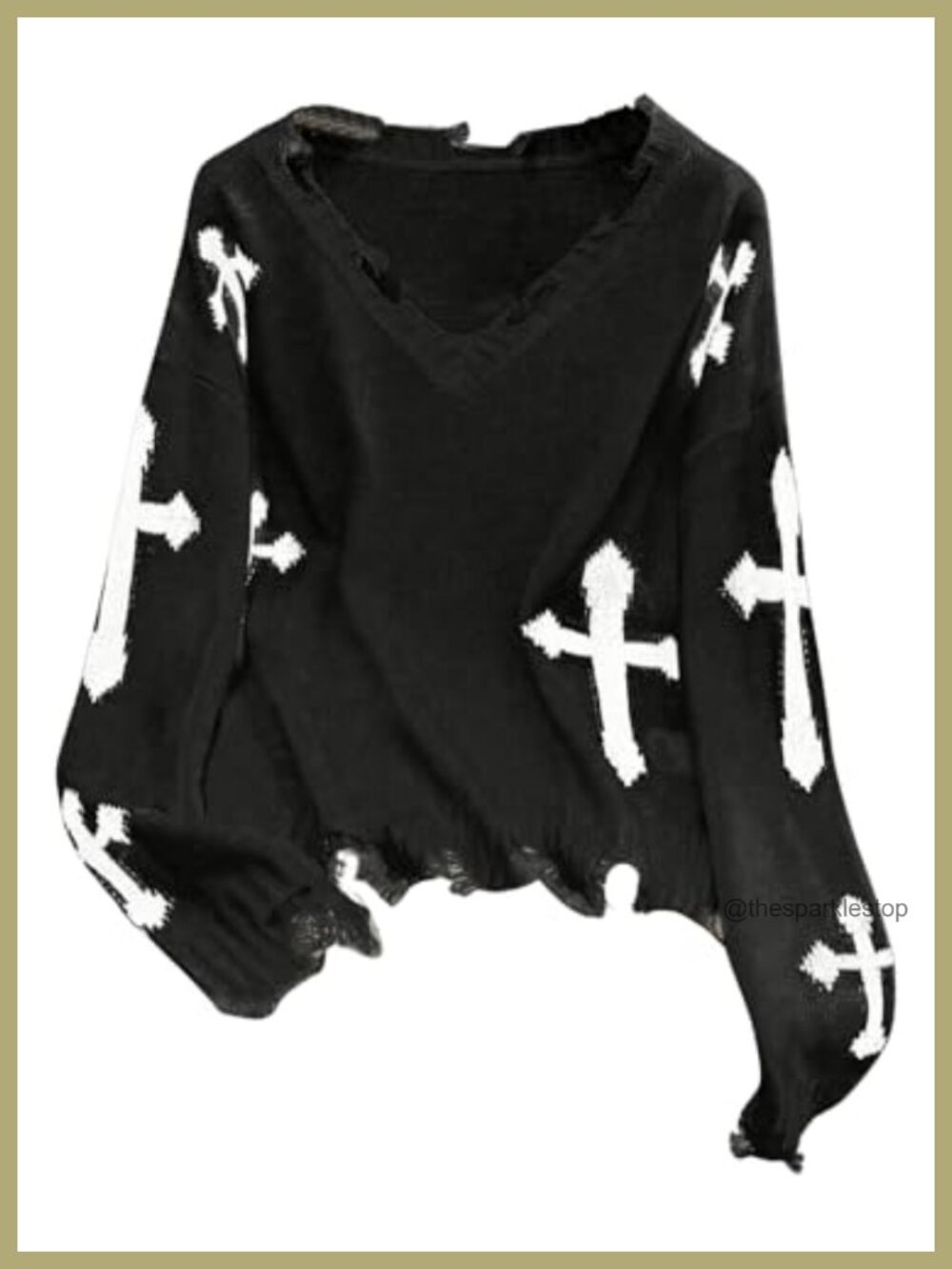 WDIRARA Women's Gothic Cross Graphic V Neck Sweater Distressed Raw Hem Y2K